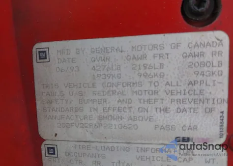 1993 Pontiac Firebird Formula/Trans Am/Gt z USA, uszkodzony, nr VIN 2G2FV22P6P2210620